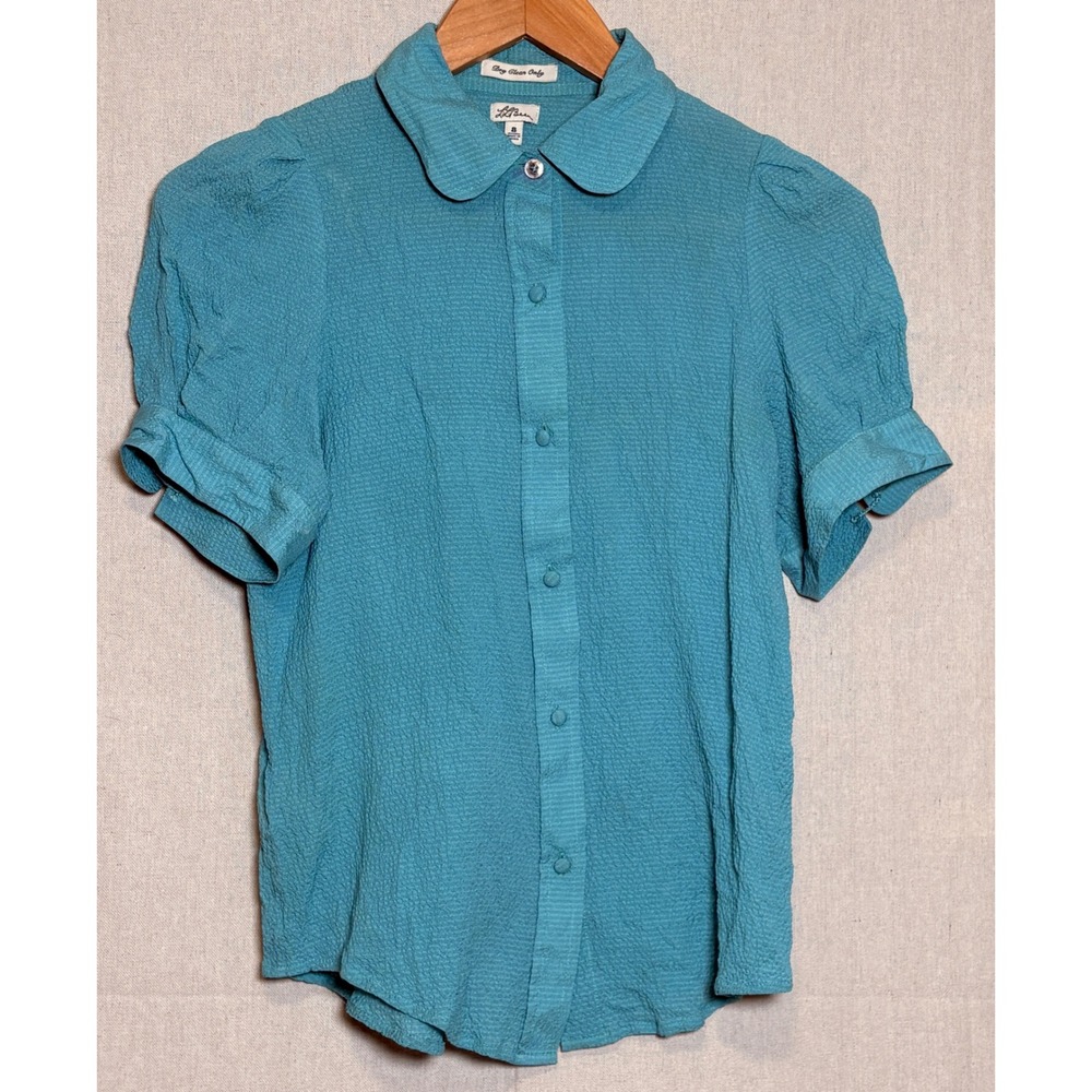 LL Bean Women 8 Silk Crinkle Puff Sleeve Blouse Peter Pan Collar Turquoise Blue